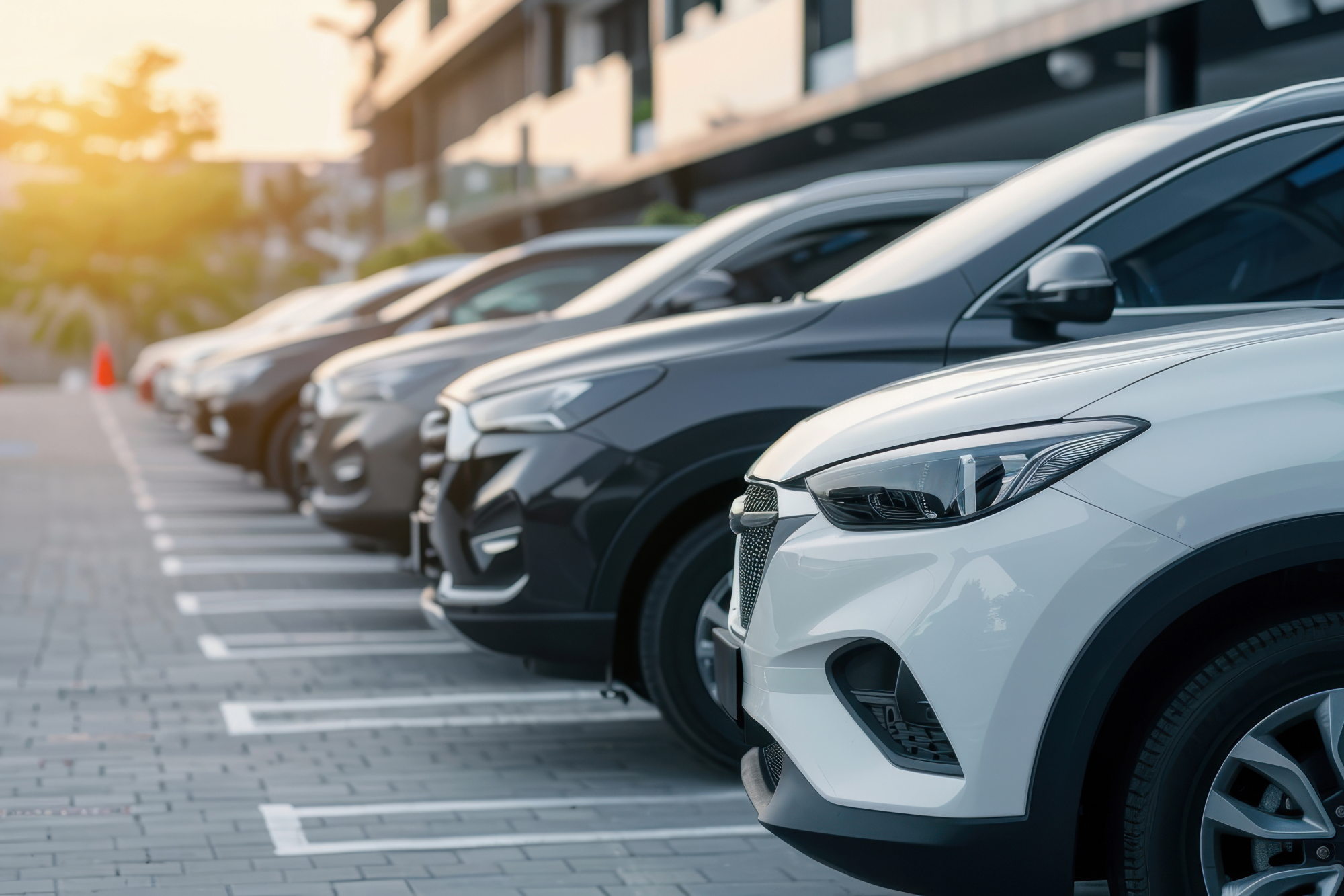 a fleet of business cars parked up in a row in an office car park.
