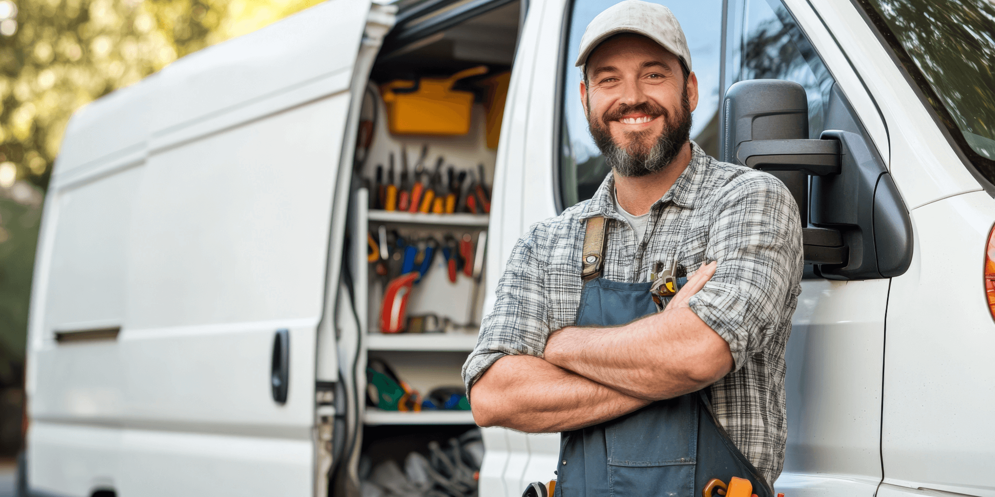 tradesperson standing confidently inside a van fully equipped with tools and equipment, wearing a checked shirt and toolbelt, representing tool insurance protection for trades and mobile workers.