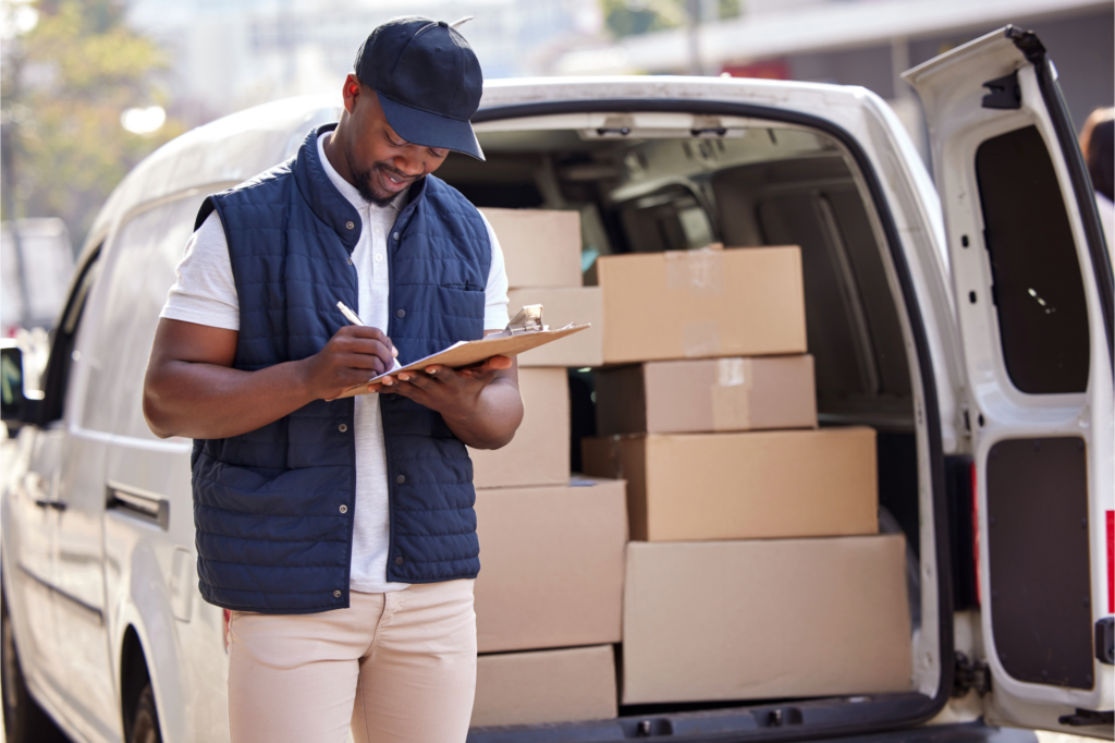delivery driver stands behind small van with back door open writing on his checkboard