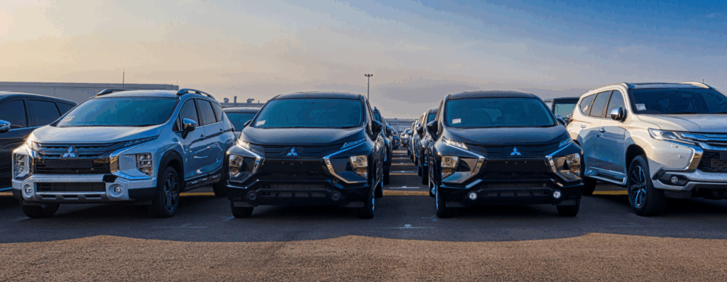 Fleet of Mitsubishi SUVs parked in a row at a car lot under a clear sky