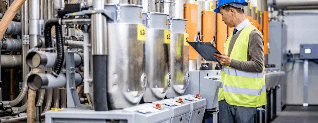 Engineer in safety gear inspecting industrial machinery in a modern factory, highlighting the need for Manufacturer Insurance.