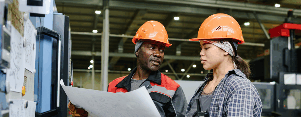 Two factory workers wearing safety helmets reviewing technical plans on a production site, showing the importance of Manufacturer Insurance for staff and operations.