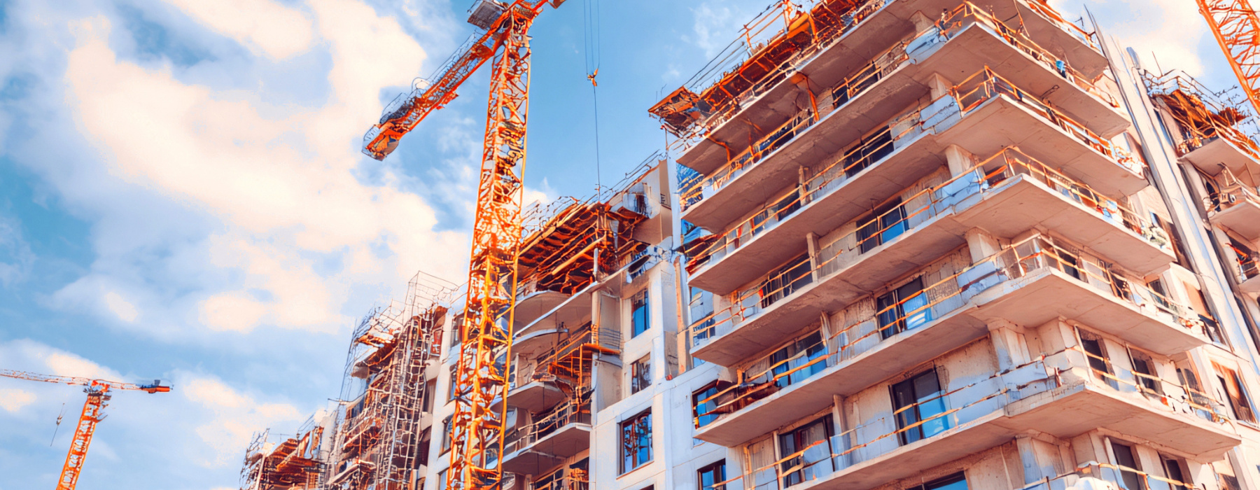 Large residential apartment development under construction with cranes and scaffolding on the exterior, representing the scale and risk involved in property development projects.