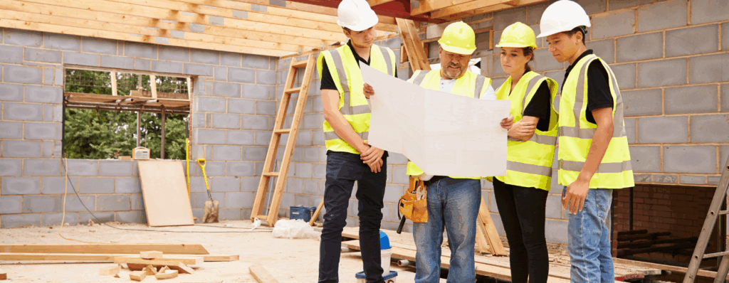 Property developers and construction workers reviewing building plans on-site inside a partially built house, showing planning and risk management in property development projects.