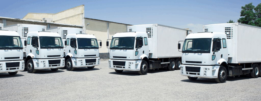 A row of refrigerated white trucks parked outside a warehouse, ready for commercial delivery and transport.