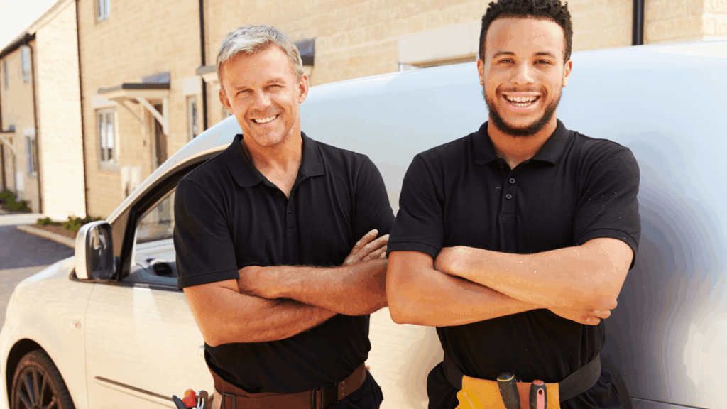 Two tradesmen standing in front of a work van, representing flexible any driver van insurance for UK businesses and tradespeople.
