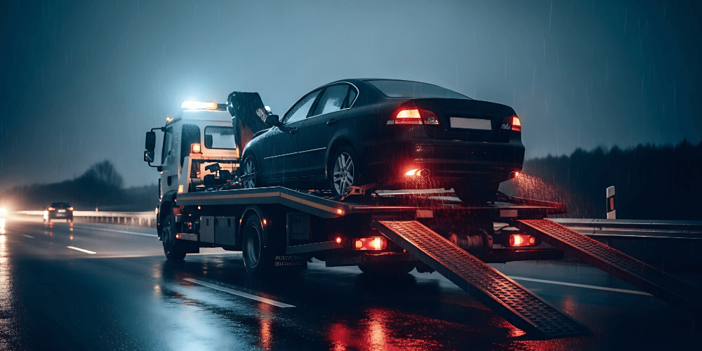 Breakdown recovery truck loading a damaged car on a wet motorway at night in the UK