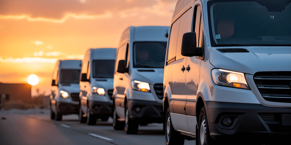 Fleet of commercial vans parked in a line on the road at sunset, representing fleet van insurance