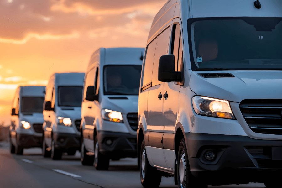 Fleet of commercial vans driving together, representing fleet van insurance