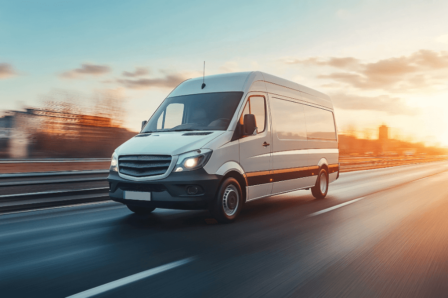 Commercial delivery van driving on a main road, representing insured business van use