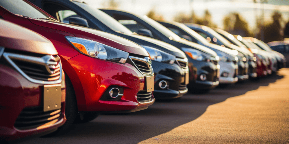 Row of parked cars viewed from the front, representing fleet vehicles and insured motor stock