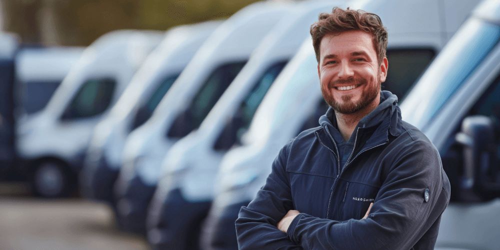 Smiling van driver standing with arms crossed in front of a fleet of white vans.