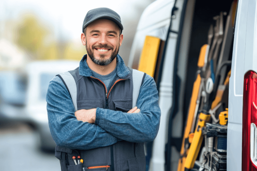 Van technician standing beside a work van, representing insured commercial vehicle use