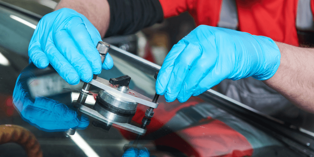 Technician repairing a vehicle windscreen using specialist glass repair tools and safety gloves