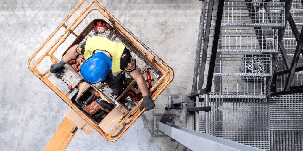 Construction worker operating insured access equipment from a cherry picker platform