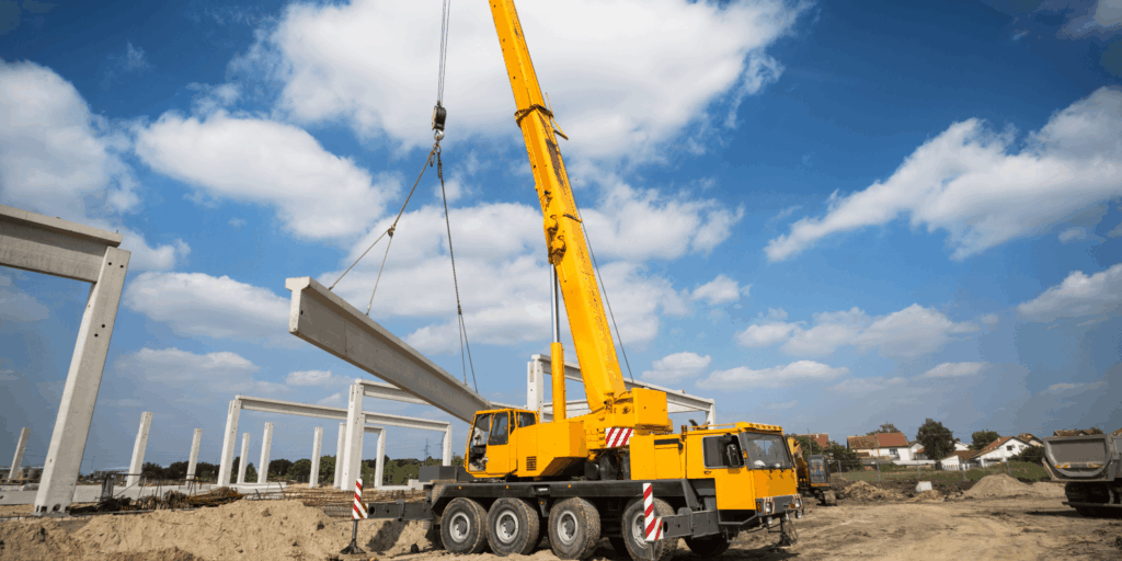 Mobile crane lifting precast concrete beam during insured construction operations