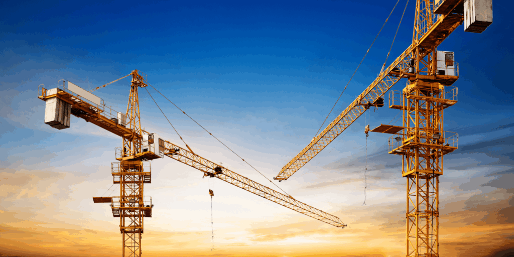Tower cranes operating on a large construction site, representing insured lifting and plant equipment