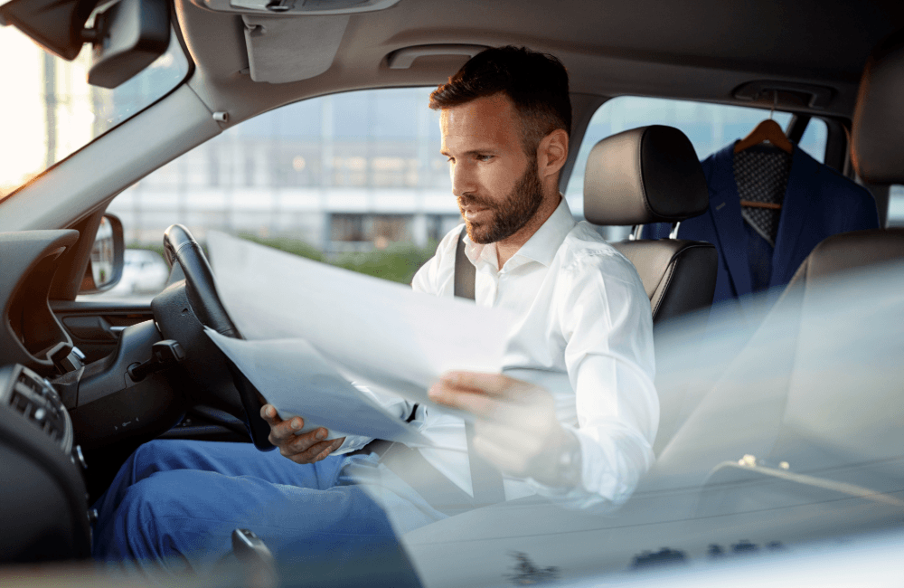 a business man sitting in his car looking at documents