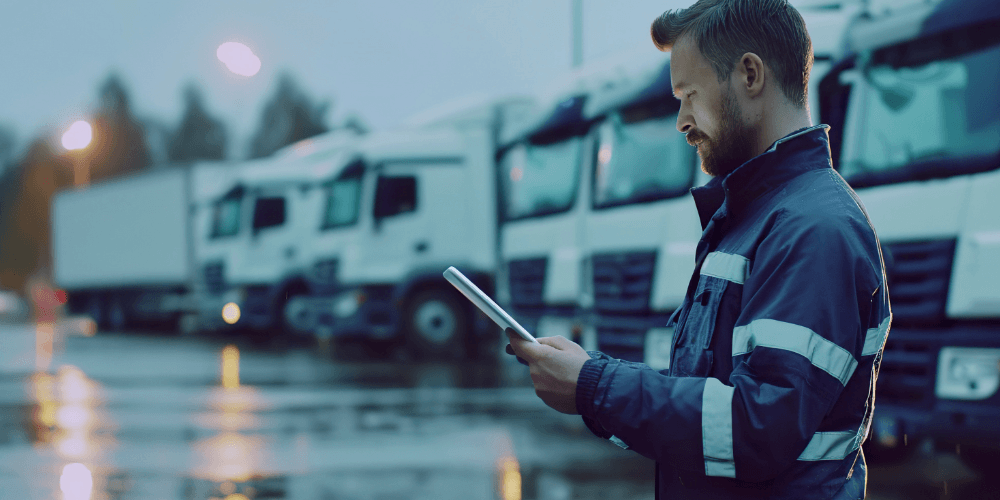 man with clipboard standing in front a fleet of lorries