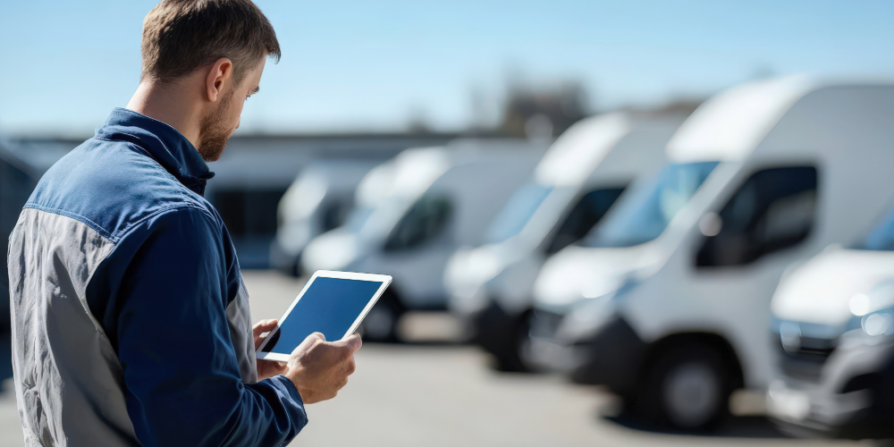 man looking at the fleet of van